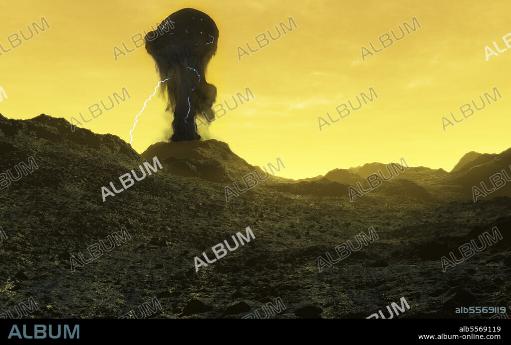 The surface of an infernal planet, Venus. Temperatures as high as 500 C (900 K) have been measured. The thick atmosphere, which is about 90 times denser and more massive than Earth's, traps the heat it receives from the sun. This creates a very strong greenhouse effect. The atmosphere is believed to be a consequence of a hypothetic collision with a large body in Venus' past. This collision is also believed to be the reason why the planet rotates backwards, and so slowly that one could walk around the planet faster than it rotates. One day on Venus (243 Earth days) is longer than one year (225 Earth days)!. On the surface, there is little to no wind, but as one ascends into the atmosphere one will find stronger winds and clouds containing sulphuric acid. This sulphur condenses into drops and falls down towards the surface, but the rain drops never reach it, and the heat makes them evaporate into the air again.. Spacecraft that have been sent to Venus have discovered multiple volcanoes, and they have also discovered what they believe is lightning in the atmosphere.