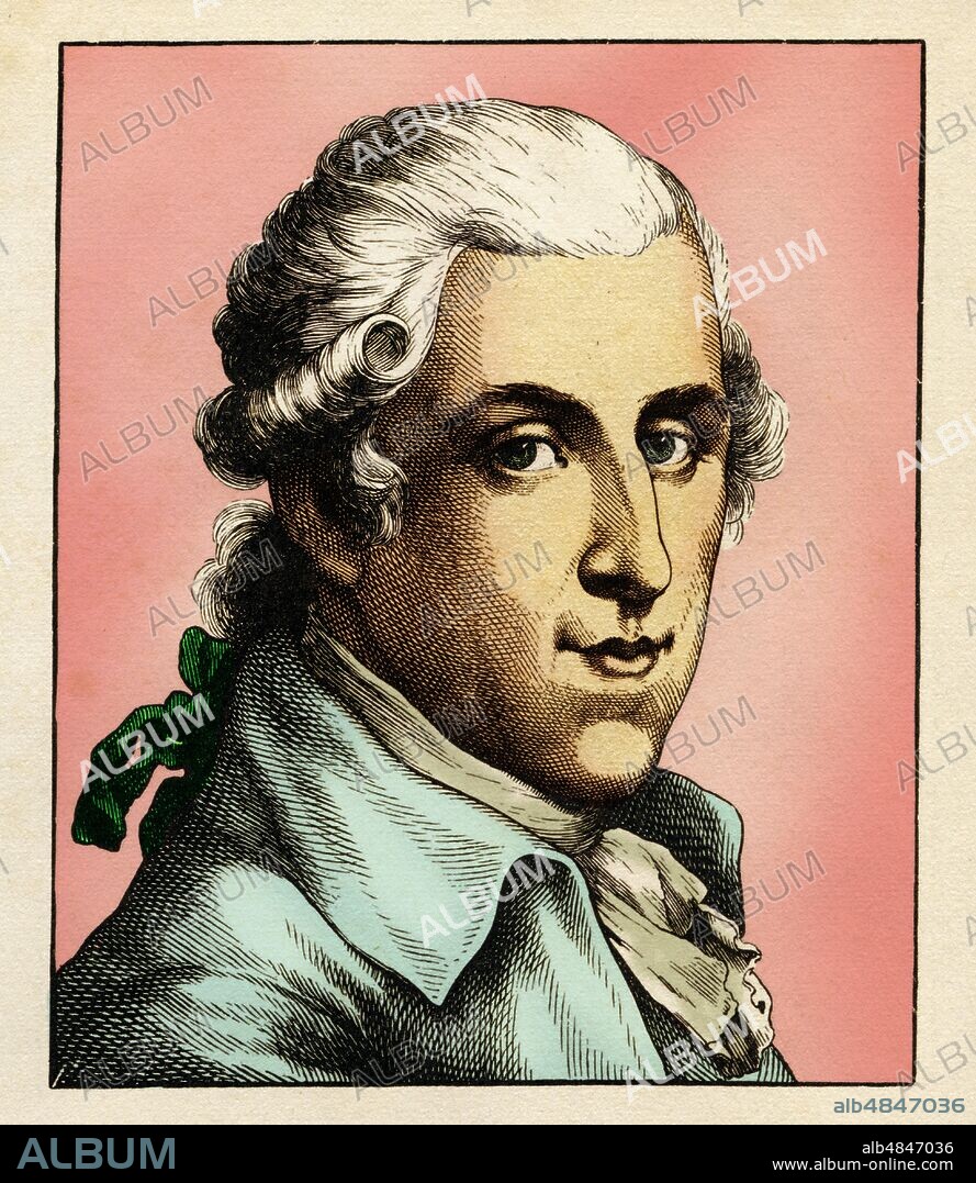 Johann Anton LEISEWITZ (9 May 1752 - 10 September 1806), German writer, member of the Sturm und Drang. Lawyer since 1774, and from 1775 an official of Duke Ferdinand of Brunswick-Wolfenbüttel. Portrait, colored version of an engraving by Hugo Bürkner (1818-1897), Germany 1854.