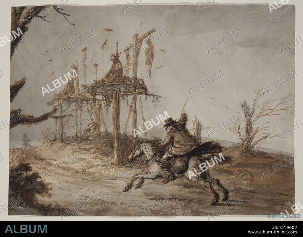 Henry William Bunbury, English, 1750-1811, Horseman in a Landscape of Hanged and Gibbeted Men, c. 1800, Pen and brown ink, brown and gray washes, sheet size: 10 1/2 x 14 5/8 in.