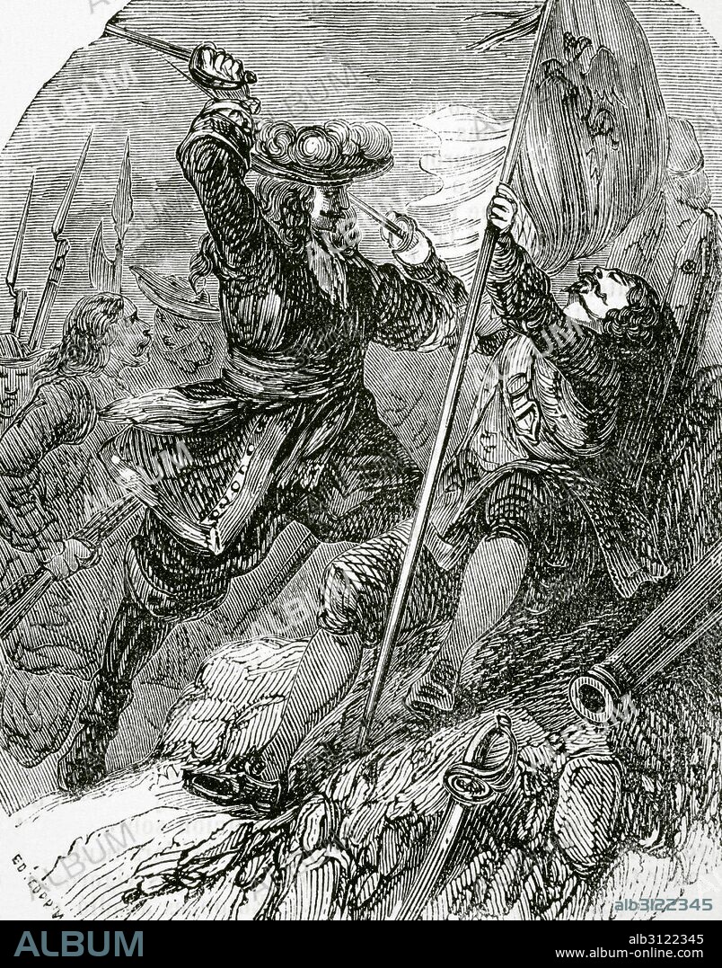 Claude Louis Hector De Villars (1653-1734). Ultimo gran general de Luis XIV de Francia y uno de los comandantes más brillantes de Francia. Uno de los seis Mariscales del país. "Villars en el cerco de Friburgo, 1713". Grabado por Copein. Galería Universal, 1868.