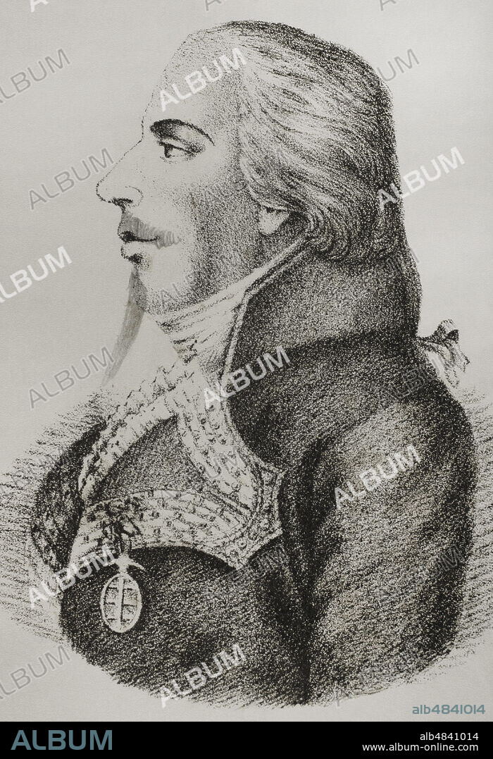 Federico Gravina (Palermo, Sicilia,1756-Cádiz,1806). Marino y militar español. 12º capitán general de la Real Armada Española. Participó en la Batalla de Trafalgar. Retrato. Grabado, detalle. Historia del Levantamiento, Guerra y Revolución de España, por el Conde de Toreno. Madrid,1851.
