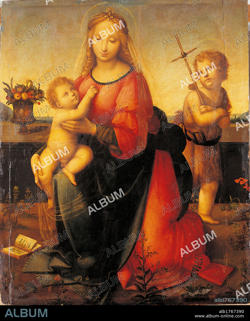 Madonna and Child with the Infant St John, by Piccinelli Andrea known as Brescianino, 16th Century, 1500-1530 about, oil on canvas,. Italy, Campania, Naples, Capodimonte National Museum and Galleries. All. Madonna Virgin Child Jesus Baby Jesus Christ naked Infant St John child red cloth dress. Authorization required for non editorial use.