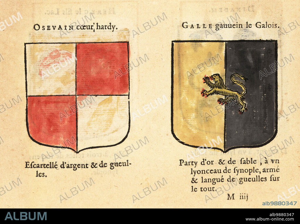 Imaginary coats of arms of King Arthurs Knights of the Round Table: Osevain with the hardy heart, quartered red and silver, Galegantin with lion cub. Chevaliers de la table ronde: OSEVAIN coeur hardy, GALLE gauuein le Galois. Handcoloured woodblock engraving from Hierosme de Baras Le Blason des Armoiries, Chez Rolet Boutonne, Paris, 1628.