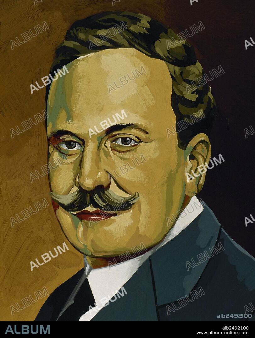 Serafin Alvarez Quintero (1871-1938). Spanish dramatists. Potrait. Drawing and watercolor by the Spanish illustrator Francisco Fonollosa (d. late 20th century).