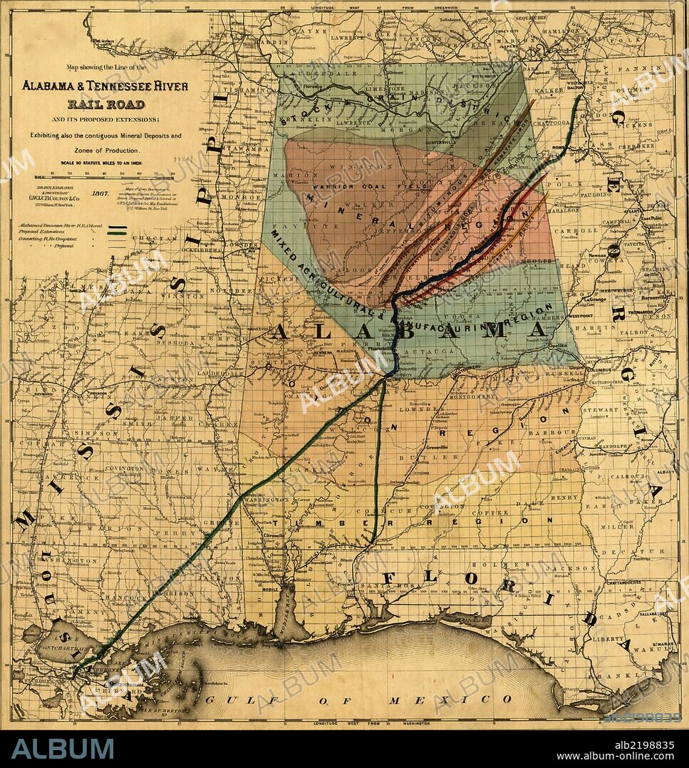 Alabama & Tennessee River Rail Road and its proposed extensions; exhibiting also the contiguous mineral deposits and zone of production; County and township map of Alabama and vicinity showing drainage, cities and towns, and main railroads in heavy lines. Chartered in 1848. Reorganized in 1866 under title of Selma, Rome, and Dalton Railroad.