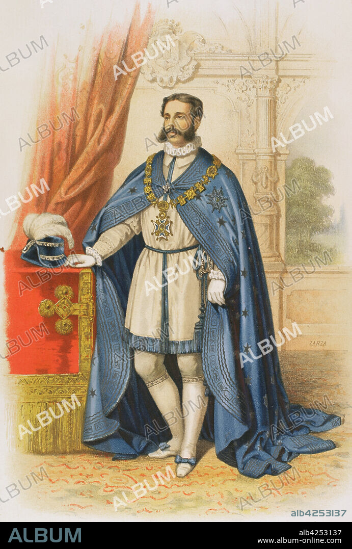 Caballero con el collar e insignia de la Gran Cruz de la Real y Distinguida Orden Española de Carlos III (anteriormente Real y Muy Distinguida Orden de Carlos III). Creada por el rey de España Carlos III en 1771, para condecorar a ciudadanos por sus méritos y virtudes. Cromolitografía. Historia de las Ordenes de Caballería y de las Condecoraciones Españolas. Madrid, 1865.