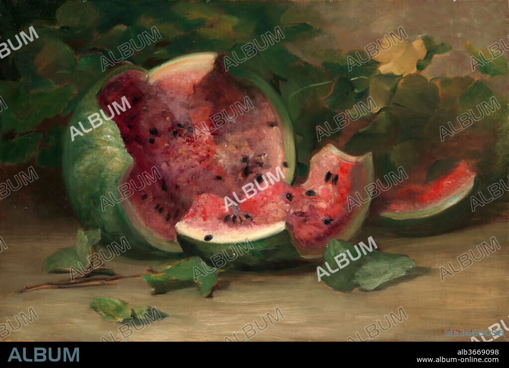 Untitled (Cracked Watermelon). Artist: Charles Ethan Porter (1847-1923). Dimensions: 19 1/8 × 28 3/16 in. (48.6 × 71.6 cm). Date: ca. 1890.
The largely Connecticut-based, New York- and Paris-trained Porter was among the first African American artists to exhibit his work nationally. "Untitled (Cracked Watermelon)" is one of his largest and most impressive still lifes. Its subject--originally an African gourd brought to the New World by seventeenth-century Spaniards and cultivated by colonists--is also significant. Porter chose to paint what had been an earlier symbol of American abundance--and during the Civil War period one particularly associated with free blacks--when it was increasingly defined by virulent stereotyping. By reclaiming the "American" subject in artistic terms (and with a French stylistic flavor), Porter challenged a contemporary racist trope. 
A tour de force of the artist's mature style--perfected in Paris under the influence of the work of Henri Fantin-Latour and Edouard Manet--"Untitled (Cracked Watermelon)" reveals Porter's bravura handling of paint as well as his skills as a colorist in the composition's dramatic light-dark contrasts of complementary colors. After decades of success painting still lifes of fruit and flowers--with the support of patrons such as Samuel Clemens and Frederic Edwin Church--Porter died in poverty and obscurity. A resurgence of interest in his work dates to the late 1980s.