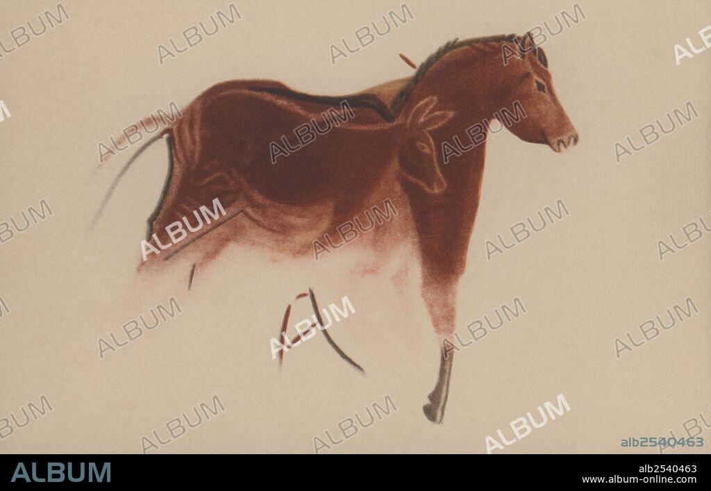 Ilustración de una pintura rupestre de las cuevas de Altamira (Cantabria). Caballo sobre una cierva. Años 1940.