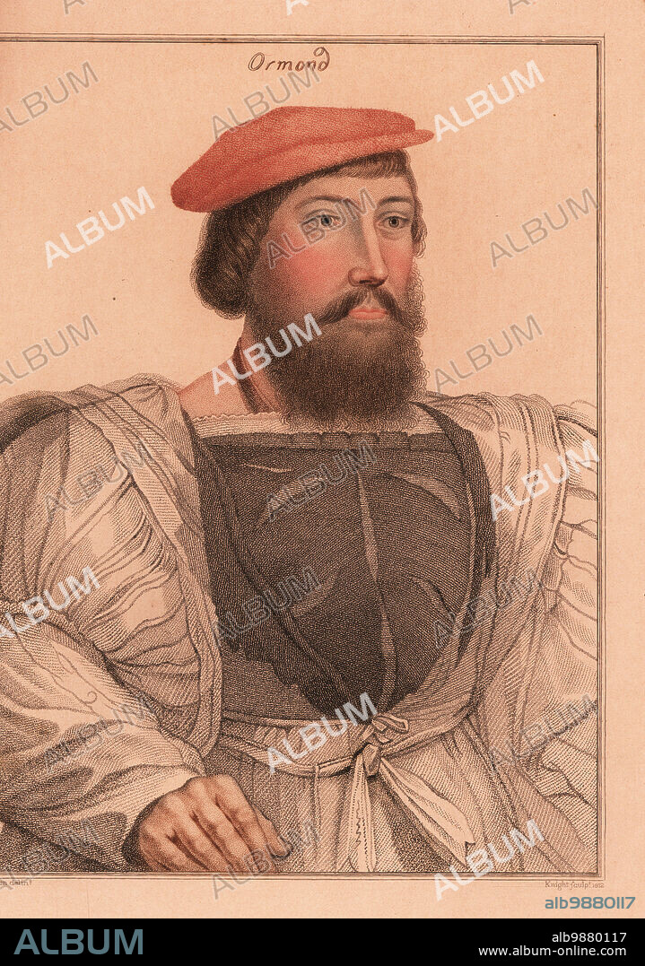 Thomas Boleyn, father of Anne Boleyn, 1st Earl of Wiltshire, 1st Earl of Ormond, 1st Viscount Rochford (c.14771539), English diplomat and politician. Also identified as James Butler, 9th Earl of Ormond and 2nd Earl of Ossory (c.1496-1546). Handcoloured copperplate stipple engraving by Charles Knight after a portrait by Hans Holbein the Younger from Imitations of Original Drawings by Hans Holbein, John Chamberlaine, London, 1812.