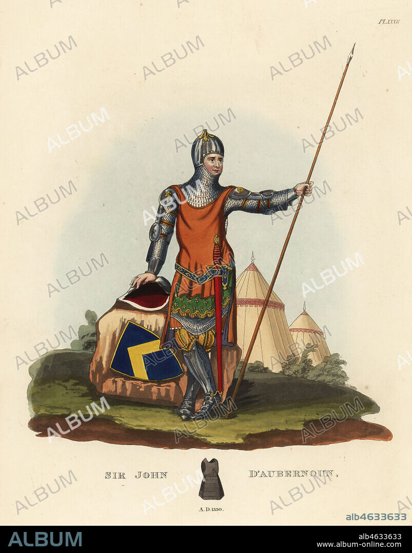 Sir John d'Aubernoun or d'Abernon, 1330. He wears a bassinet helmet, tunic under a hauberk, gamboised armour, studded pourpoint and cyclas, plate greaves and demi-brassarts. From a brass effigy in Stoke d'Abernon church, Surrey. Handcoloured lithograph after an illustration by S.R. Meyrick from Sir Samuel Rush Meyrick's A Critical Inquiry into Antient Armour, John Dowding, London, 1842.