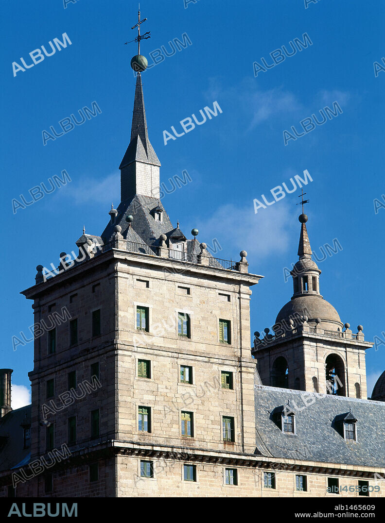 Monastery of El Escorial erected at the behest of Philip II (1557). Juan de Herrera (1530-1597) directed the work to the death of Juan Bautista de Toledo in 1567. Tower-spire. San Lorenzo de El Escorial. Madrid. Spain.