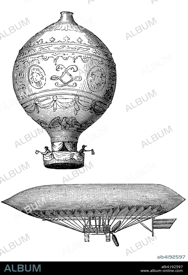 Aviation:  Montgolfier brothers' historic balloon and Airship of Paul Haenlein, digital improved reproduction of an original print from the 19th century.
