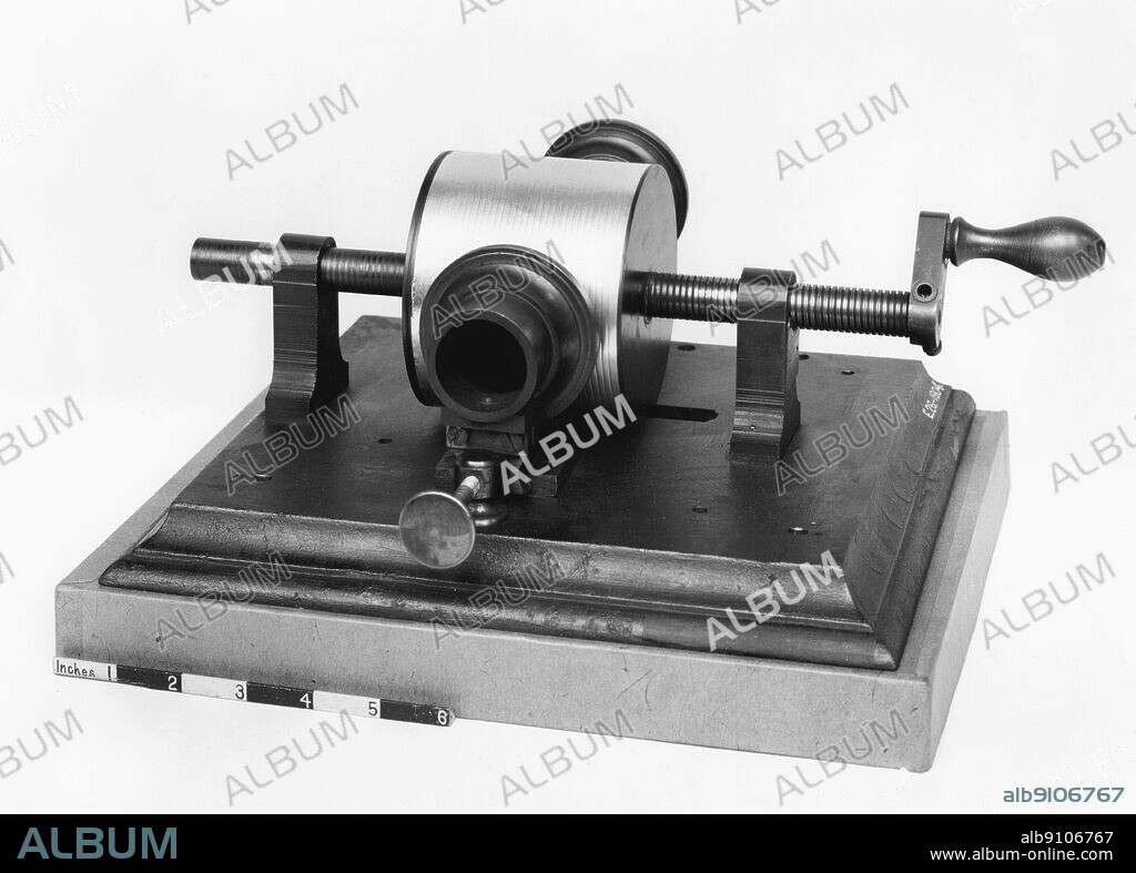 Edison's phonograph was developed as a result of Thomas Edison's work on two other inventions, the telegraph and the telephone. In 1877, Edison was working on a machine that would transcribe telegraphic messages through indentations on paper tape, which could later be sent over the telegraph repeatedly. This development led Edison to speculate that a telephone message could also be recorded in a similar fashion. He experimented with a diaphragm which had an embossing point and was held against rapidly-moving paraffin paper. The speaking vibrations made indentations in the paper. Edison later changed the paper to a metal cylinder with tin foil wrapped around it. The machine had two diaphragm-and-needle units, one for recording, and one for playback. When one would speak into a mouthpiece, the sound vibrations would be indented onto the cylinder by the recording needle in a vertical (or hill and dale) groove pattern. Edison gave a sketch of the machine to his mechanic, John Kreusi, to build, which Kreusi supposedly did within 30 hours. Edison immediately tested the machine by speaking the nursery rhyme into the mouthpiece, "Mary had a little lamb." To his amazement, the machine played his words back to him. Although it was later stated that the date for this event was on August 12, 1877, some historians believe that it probably happened several months later, since Edison did not file for a patent until December 24, 1877.. ©TopFoto.