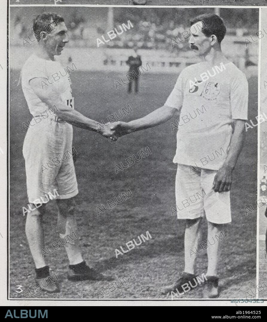 3,500 metres walk. G.E. Larner (on right), winner, and E.J. Webb, second, (both Great Britain), congratulate each other. George Edward Larner and Ernest Webb, both British athletes.  . Illustrated Sporting & Dramatic News. 18th July 1908. Photograph from a newspaper on the 1908 Olympic Games in London. Source: Illustrated Sporting & Dramatic News, page 803 detail. Language: English.