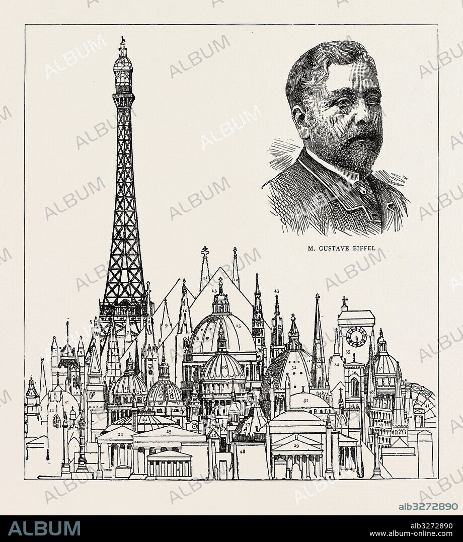 THE EIFFEL TOWER AT THE PARIS EXHIBITION AS COMPARED WITH SOME OF THE HIGHEST BUILDINGS IN THE WORLD: 1. Porcelain Tower, Nankin, China, 200 feet. 2. Chichester Cathedral, 270 feet. 3. Victoria Tower, Westminster, 331 feet. 4. Bell Tower, St. Mark's, Venice, 323 feet. 5. Torre Asinelli, Bologna, 370 feet. 6. Friburg Cathedral, 385 feet. 7. Chartres Cathedral, 403 feet. 8. St. Stephen's Cathedral, Vienna, 441 feet. 9. Torazzo of Cremona, 396 feet. 10. Strasburg Cathedral, 468 feet. 11. Cologne Cathedral, 510 feet. 12. Old St. Paul's, London, 508 feet. 13. Great Pyramid, 460 feet. 14. Church of St. Martin, Landshut, about 460 feet. 15. St. Peter's, Rome, 448 feet. 16. St. Paul's, London, 360 feet. 17. Hotel des Invalides, Paris, 310 feet. 18. Church of Ste. Genevieve, Paris, 274 feet. 19. Boston Church, Lincolnshire, 292 feet. 20. Taj Mahal, Agra, 220 feet. 21. York Cathedral, 198 feet. 22. Royal Albert Hall, London, 154 feet. 23. The Monument, London, 202 feet. 24. Temple of the Sun, Baalbec, 120 feet. 25. Temple of the Giants, Agrigentum, 116 feet. 26. Albert Memorial, 180 feet. 27. The Baptistry, Pisa, 190 feet. 28. Obelisk, Luxor, 75 feet. 29. Prophylon, 70 feet. 30. Pantheon, Rome, 143 feet. 31. "Bell Harry" Tower, Canterbury, 235 feet. 32. The Cathedral, Florence, 376 feet. 33. Salisbury Cathedral, 404 feet. 34. Cathedral, Frankfurt-am-Main, Frankfurt, 326 feet. 35. Mechlin Cathedral, 319 feet. 36. Bell Tower, Florence, 266 feet. 37. Church of St. Isaac, St. Petersburg, 336 feet. 38. Norwich Cathedral, 309 feet. 39. Leaning Tower, Pisa, 188 feet. 40. Central Spire, Lichfield, 252 feet. 41. Central Transept, Crystal Palace, 198 feet.