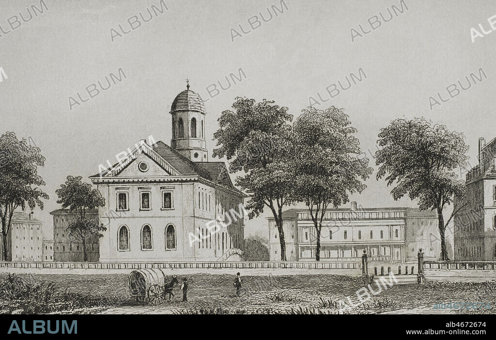 Estados Unidos. Universidad de Harvard en Cambridge, Massachussets, en las cercanías de Boston. Grabado por Lemaitre, Fleury y Chavannes. Panorama Universal. Historia de los Estados Unidos de América, por Roux de Rochelle. Edición española, impresa en Barcelona,1850.