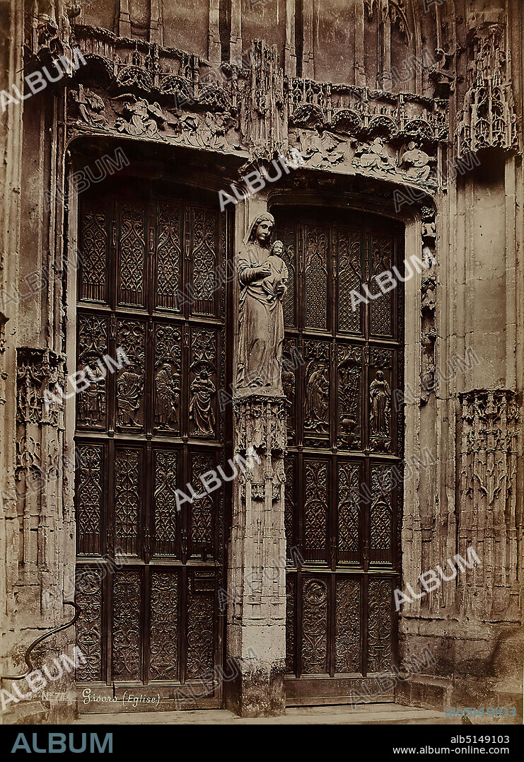 Séraphin-Médéric Mieusement, Gisors (Eglise), albumin paper, black and white positive process, image size: height: 35.8 cm; width: 25.7 cm, dry stamp, MIEUSEMENT, PHOTOGRAPH, inscribed: recto o.: exposed: No. 744 Gisors (Eglise), architectural photography, portal (church building), church building and equipment (sacral building), hist. building, locality, street, sculpture, sculpture, sculpture art, Mary with Christ Child (Madonna), ornaments, facade decoration (architecture), Gisors.