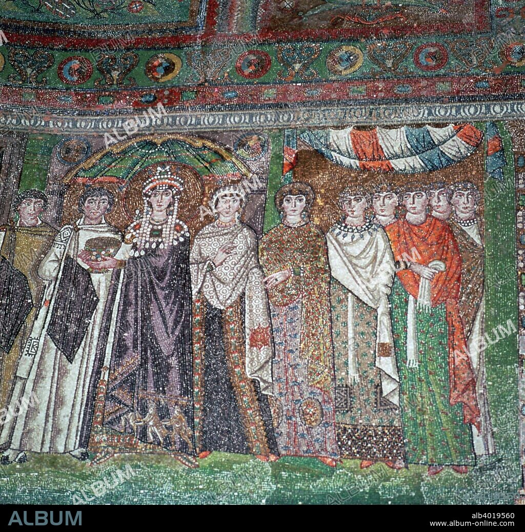 Mosaic of the Empress Theodora and her court from San Vitale, 6th century.