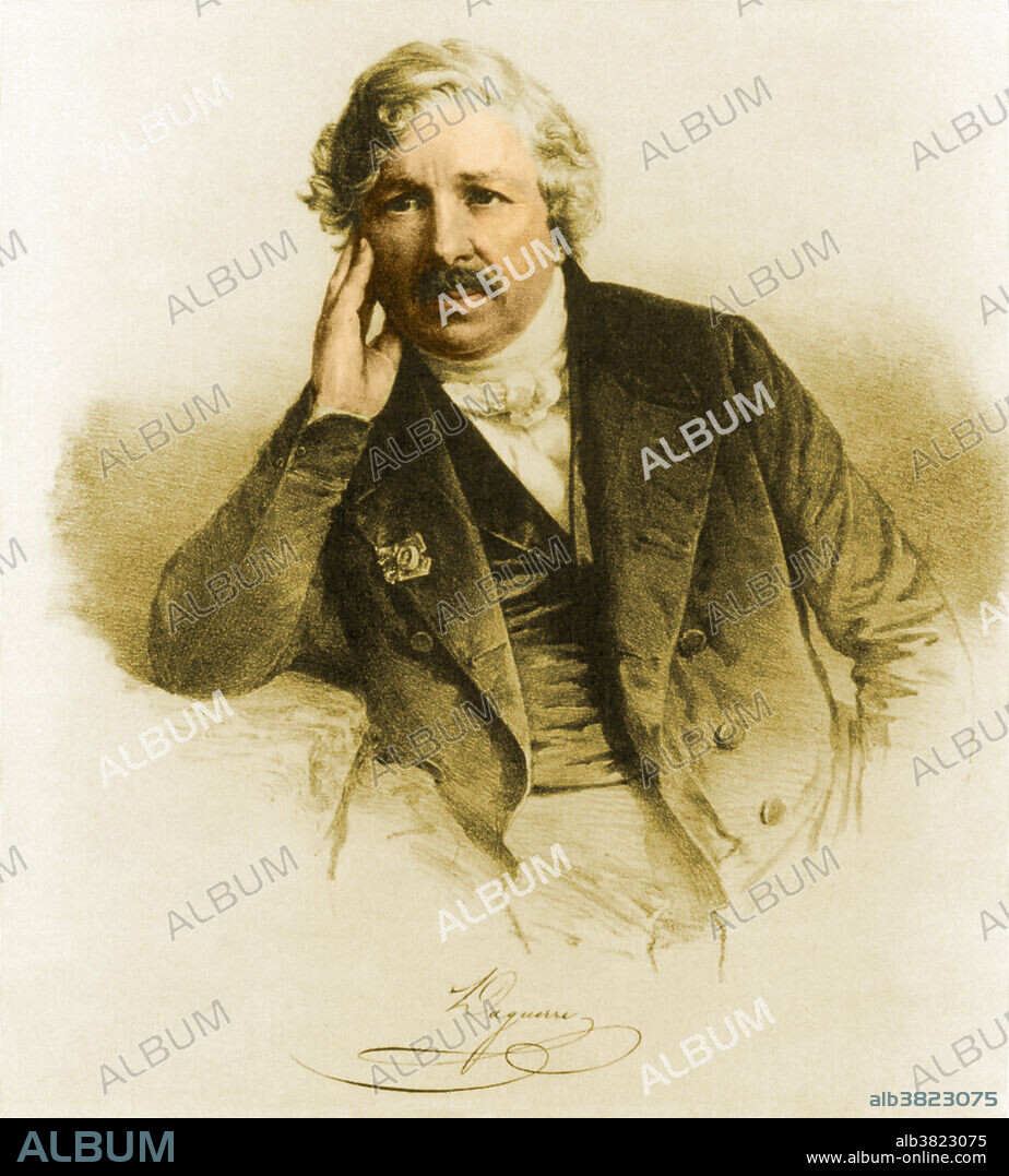 Louis Daguerre (1789-1851), French inventor of practical photography. Although originally employed as a tax officer, Daguerre became a painter of opera scenery, and invented the illuminated diorama. After this he started work with Niepce on chemicals sensitive to light. Niepce died in 1833, but Daguerre continued their work, and unveiled his first camera, the Daguerreotype, in 1839. This is a copy of a lithograph made from a daguerrotype taken in 1848.