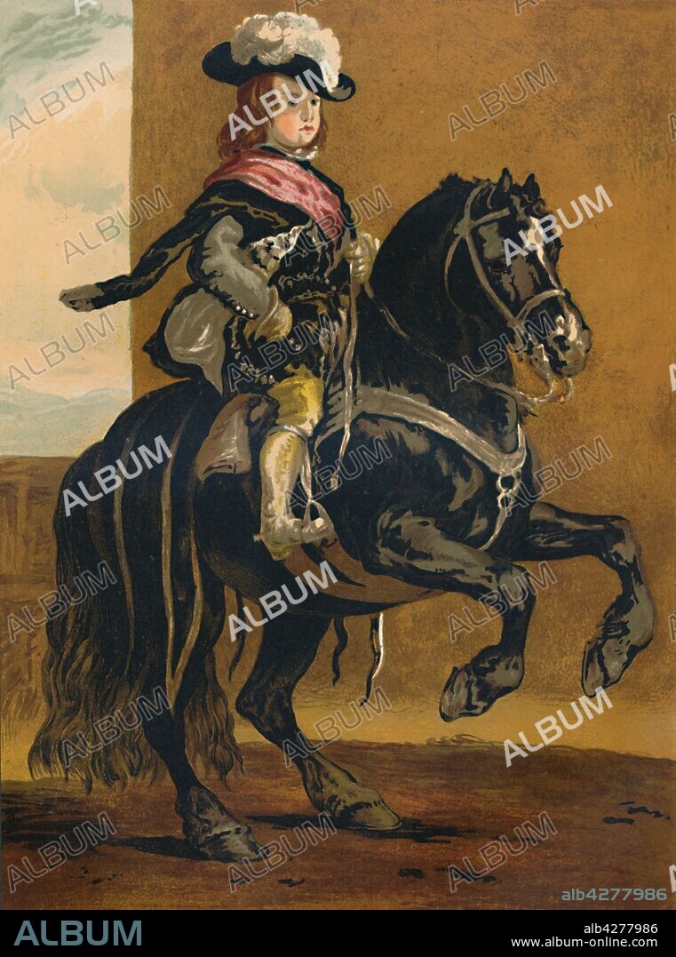 'A Pupil of La Haute Ecole - Don Balthazar, Infante of Spain', c1879. Portrait of Balthasar Charles, Prince of Asturias (1629-1646)  by Diego Velasquez. The Haute Ecole is an advanced form of Classical dressage. From "The Book of the Horse", by S. Sidney. [Cassell & Company, Limited, London, Paris, New York, Melbourne].