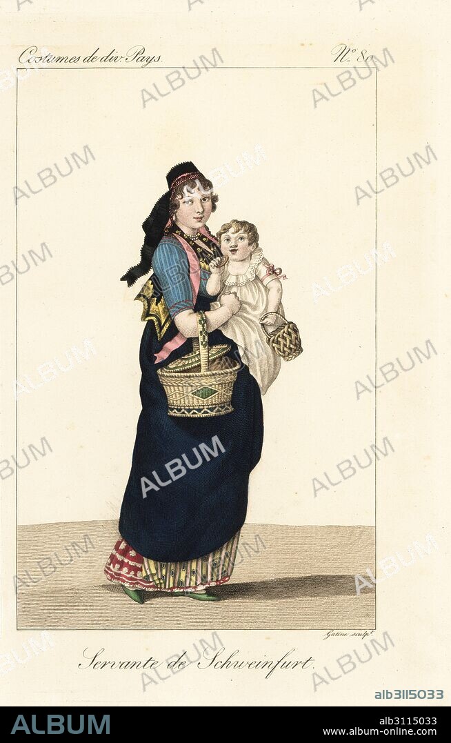 Servant girl (nanny with child) of Schweinfurt, Bavaria, Germany, 19th century. Her costume is richly decorated with gold braid and ribbons. The child carries a small basket like her nanny's. Handcoloured copperplate engraving by Georges Jacques Gatine after an illustration by Louis Marie Lante from Costumes of Various Countries, Costumes de Divers Pays, Paris, 1827.