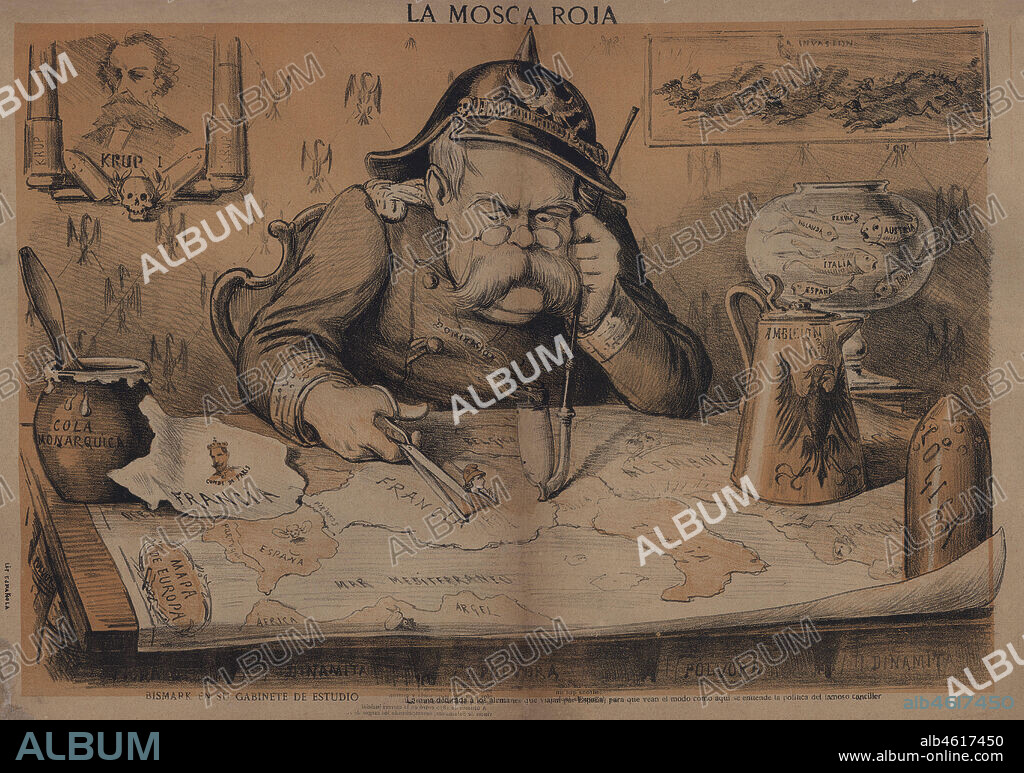 Dibujo satírico político publicado en el periódico La Mosca. Otto von Bismark (1847-1894), estadista y político prusiano en su gabinete de estudio. Noviembre de 1883.