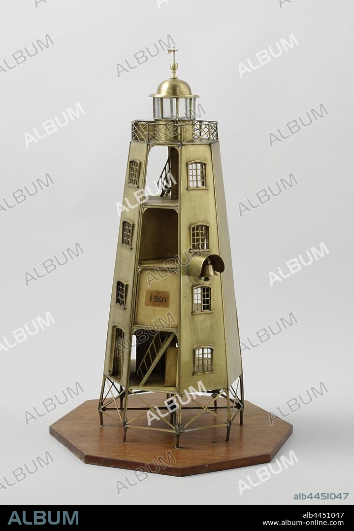 Model of the Pigeon Island lighthouse on Java, Model of a Lighthouse, Brass model of the lighthouse of Pigeon Island, on wooden ground board. It is a five-storey octagonal lighthouse, counting the cockpit, the first floor is located above ground and accessible via a staircase. The lighthouse is closed from the first floor, each floor (except the cockpit) has four windows. Three sides of the model have been left open to show the interior with classified spaces and stairs. The construction is a metal frame covered with plates, the floors and inner walls of wood. A bell is placed on one side. The cockpit has a dome-shaped roof with wind vane, lighthouse, lightship, Java, Gieterij Prins van Oranje (possibly), The Hague (possibly), 1870, brass (alloy), wood (plant material), glass, h 81 cm × w 47 cm × d 47 cm.