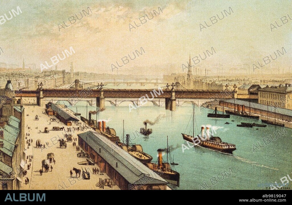 The Broomielaw; view east; Glasgow; Scotland; Great Britain; harbour; River Clyde; Quay; wharf; steamer; shipping traffic; chain bridge; buildings; people; horse-drawn carriages; city view; coloured historical illustration from 1889.