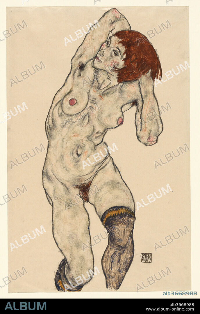 Standing Nude in Black Stockings. Artist: Egon Schiele (Austrian, Tulln 1890-1918 Vienna). Dimensions: 18 1/8 x 11 5/8 in. (46 x 29.5 cm). Date: 1917.