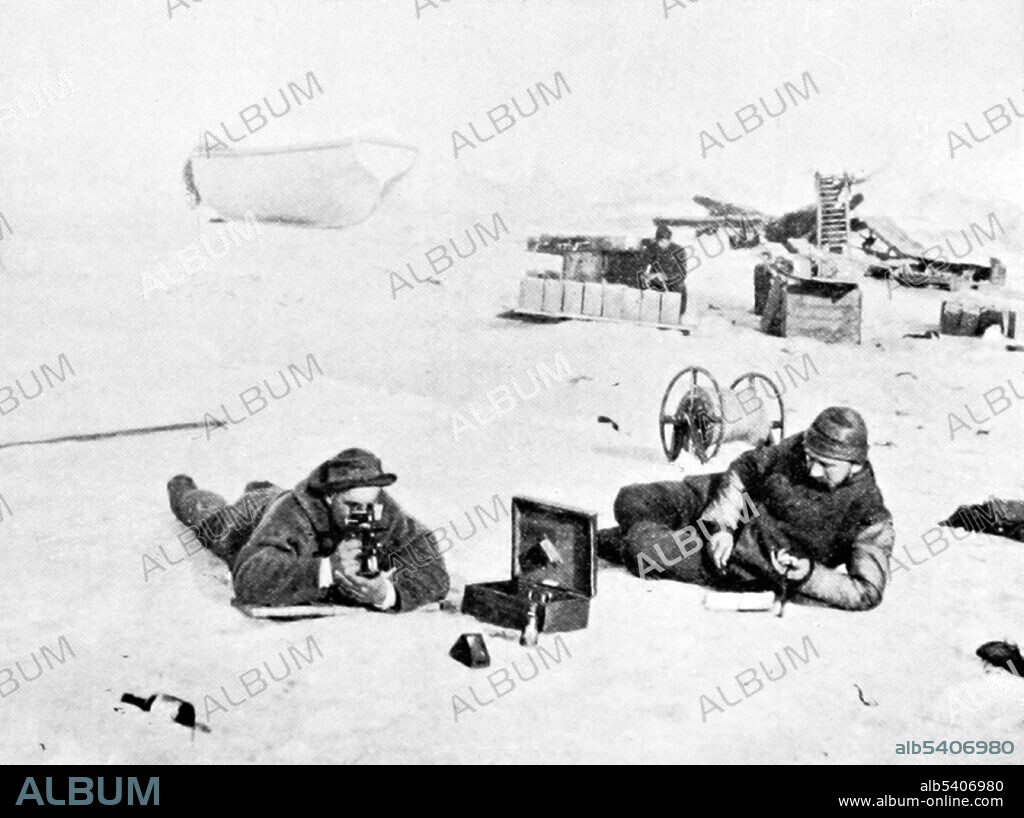 Scott-Hansen and Bernhard Nordahl. Observation with sextant and artificial horizon. Sigurd Scott-Hansen (1868-1937) was a Norwegian naval lieutenant, who was in charge of the astronomical and meteorological observations during Fridtjof Nansen's 1893-198 polar expeditions on the Fram. Fridtjof Wedel-Jarlsberg Nansen (October 10,1861 - May 13, 1930) was a Norwegian explorer, scientist, diplomat, and humanitarian. He won international fame after reaching a record northern latitude of 86°14' during his North Pole expedition of 1893-96. No photographer credited, July, 1895 (cropped and cleaned).