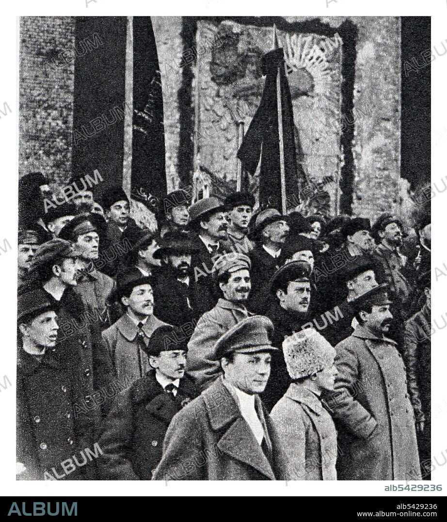 Lenin V. I. , Sverdlov Ya. M. Bolshevik party administrator and chairman of the All-Russian Central Executive Committee from 1917 to 1919. On Red Square near the Kremlin wall during a workers demonstration dedicated to the first anniversary of the Great October Socialist Revolution. 1918, November 7. Moscow. Leonidov L. Ya.