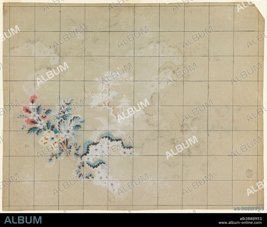 UNKNOWN. Design for Silk Brocade. Date/Period: Ca. 1750. Drawing. Pastel, pen and brown ink squaring on bluish grey laid paper.