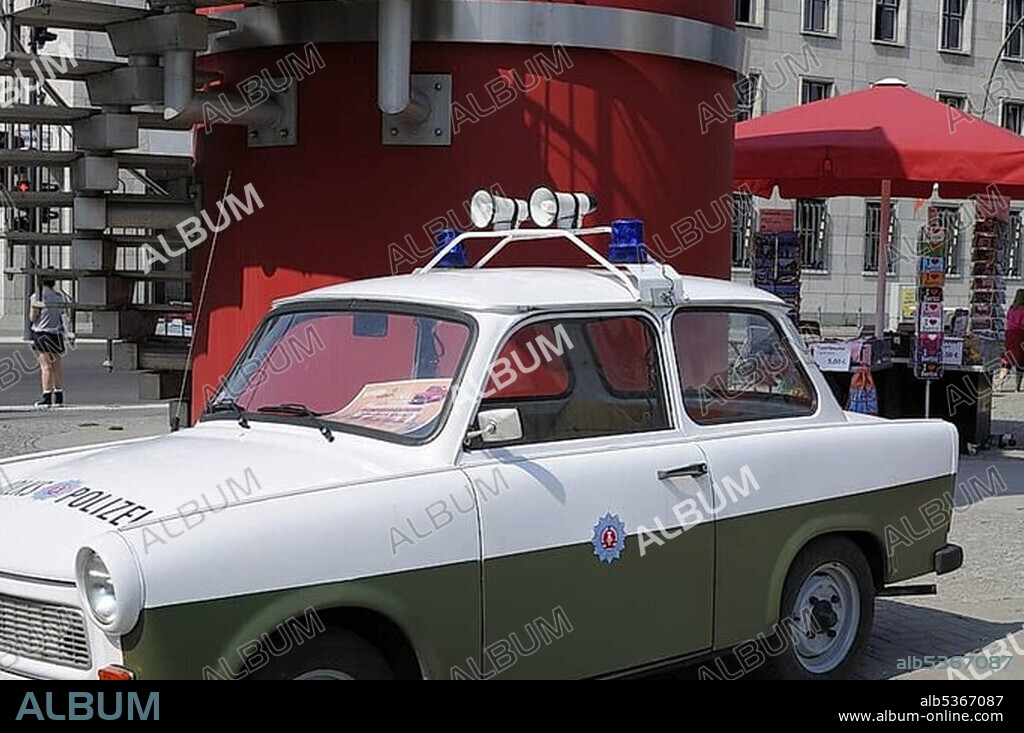 Fake police car, Trabant, also called Trabi, Berlin, Germany, Europe.