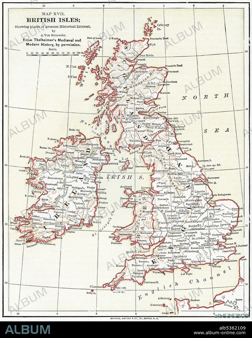 Map XVII, British Isles, by A. Von Steinwehr, from Thalheimer's Medieval and Modern History, Illustration, Ridpath's History of the World, Volume III, by John Clark Ridpath, LL. D., Merrill & Baker Publishers, New York, 1897.