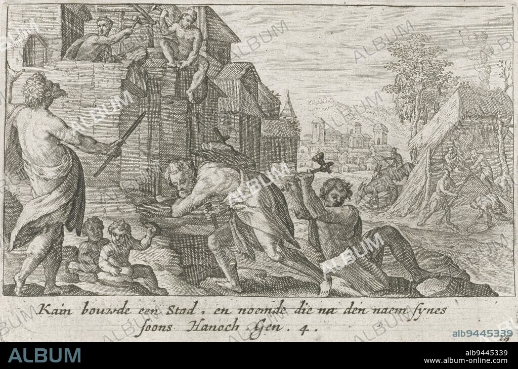 Cain builds the city Enoch, Crispijn van de Passe (I), 1700 - 1750, Cain builds a city and calls it Enoch, after his son. In the margin a two-line caption in Dutch., print maker: Crispijn van de Passe (I), publisher: Isaac Greve, print maker: Utrecht, publisher: Amsterdam, 1700 - 1750, paper, engraving, h 83 mm × w 125 mm.