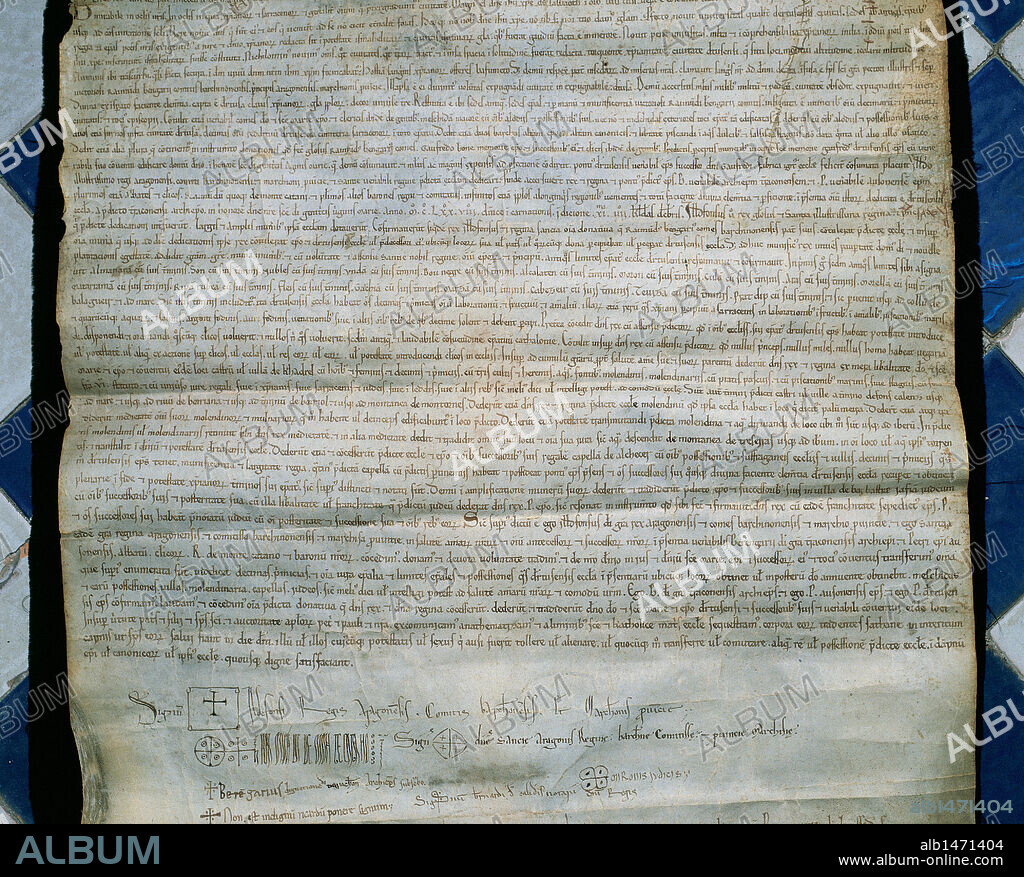 HISTORIA DE CATALUÑA. SIGLO XII. "DOTALIA ECCLESIAE DERTOSENSIS". Documento que consta de dos partes: la primera referente a la CONSAGRACION DE LA PRIMERA CATEDRAL EN PRESENCIA DE LOS REYES ALFONSO I "EL CASTO" DE CATALUÑA Y II DE ARAGON (1154-1196) Y LA REINA SANCHA DE CASTILLA. En la segunda el REY Y LA REINA CONFIRMAN DONACIONES A LA CATEDRAL POR RAMON BERENGUER IV EL 31 DE DICIEMBRE DE 1148. Pergamino original fechado en Tortosa en 1178. Archivo Capitular de Tortosa. Provincia de Tarragona. Cataluña.