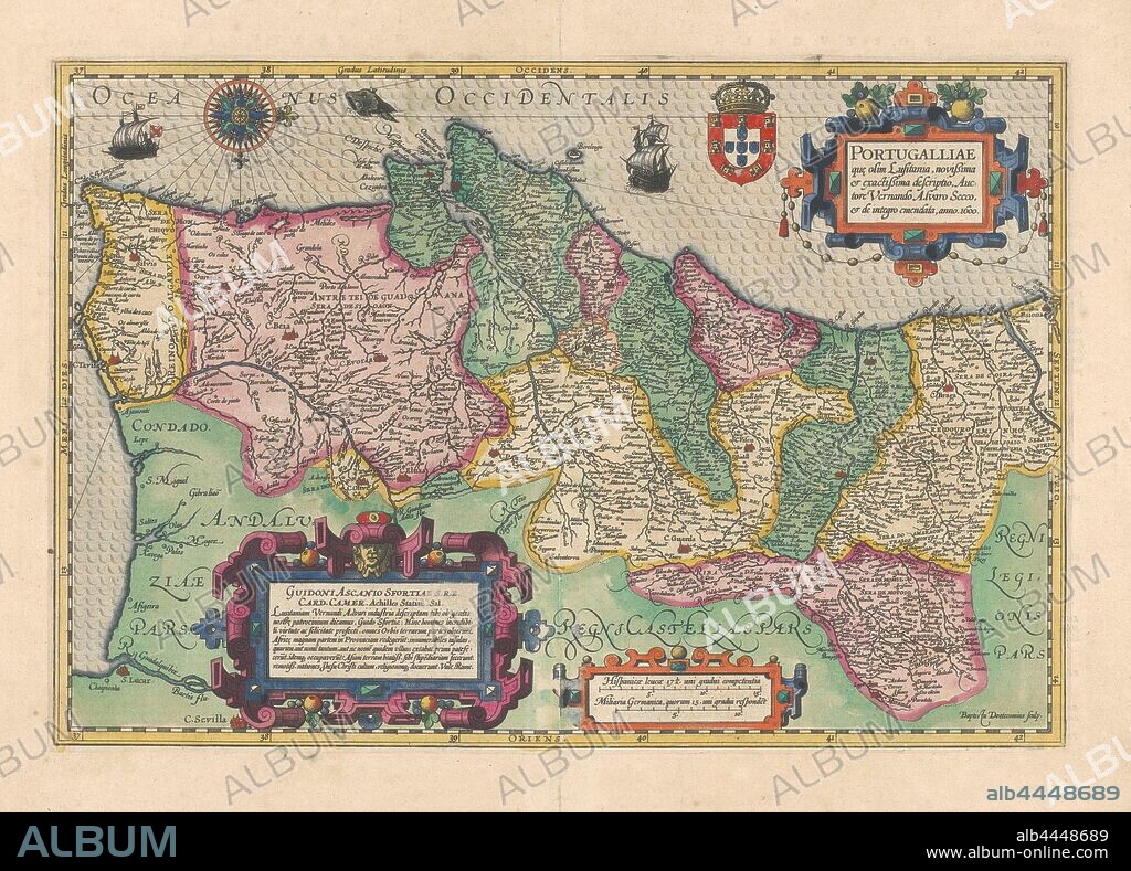 Cartography in the Netherlands, map of Portugal, Map of Portugal, bordered in yellow, north right, compass rose l.b, r.b. next to inscription crowned weapon, l.o. assignment to Guido Ascanius Sfortia, r.o. scale in Spanish and German miles. Different areas colored, ships and sea monsters in the sea. Verso: 2 pages of text. (1: 1.2 miles.). Inscription, r.b .: PORTUGALLIAE / quae olim. Signed, r.b .: Aucv = / tore Vernando Alvaro Secco. L.o .: Baptista, Doetecomius Sculp. Dated, rb: anno 1600., Vernando Alvaro Secco, Amsterdam, 1600 and/or 1619, paper, engraving, h 33.3 cm × w 49.2 cm.