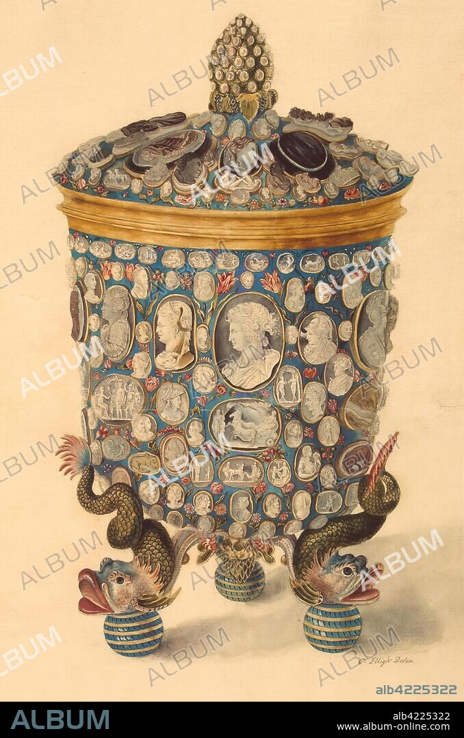 OTTMAR ELLIGER II. 'Goblet with a Lid Decorated with Gemmae on Three Dolphin-shaped Legs'. Series of drawings showing the rarities from the Kunstkammer of Peter the Great, 1730s. Russia, Early 1730s. Dimensions: 43,4x28,3 cm.