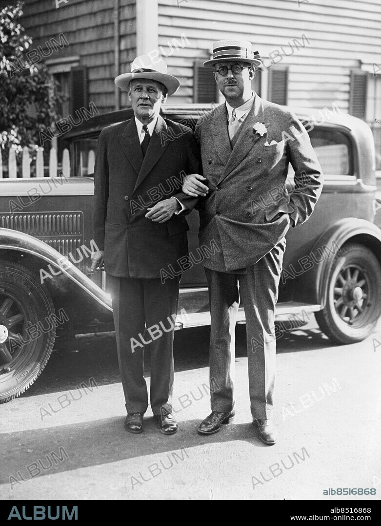Orig. bildtext... AT ASTOR WEDDING PRACTICE. The Rev. F.S. Travis (left), and Francis O. French, father of the prospective bride, are pictured at Newport, R.I., June 29, following the rehearsal of the marriage of John Jacob Astor, 30, to Ellen Tuck French, in Trinity Church, Newport. Miss French did not take part in the rehearsal, her place being taken by Miss Leslie Bogert, sister of one of the ushers. Mr. Astor acted as groom. The actual wedding is to take place June 30. Anm. CD32C.301 Armkrok Vänskap persons: Francis O. French sites: USA.