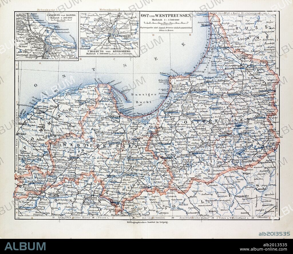 MAP OF EAST AND WEST PRUSSIA, KÖNIGSBERG (KALININGRAD, RUSSIA) AND DANZIG (POLAND), 1899.