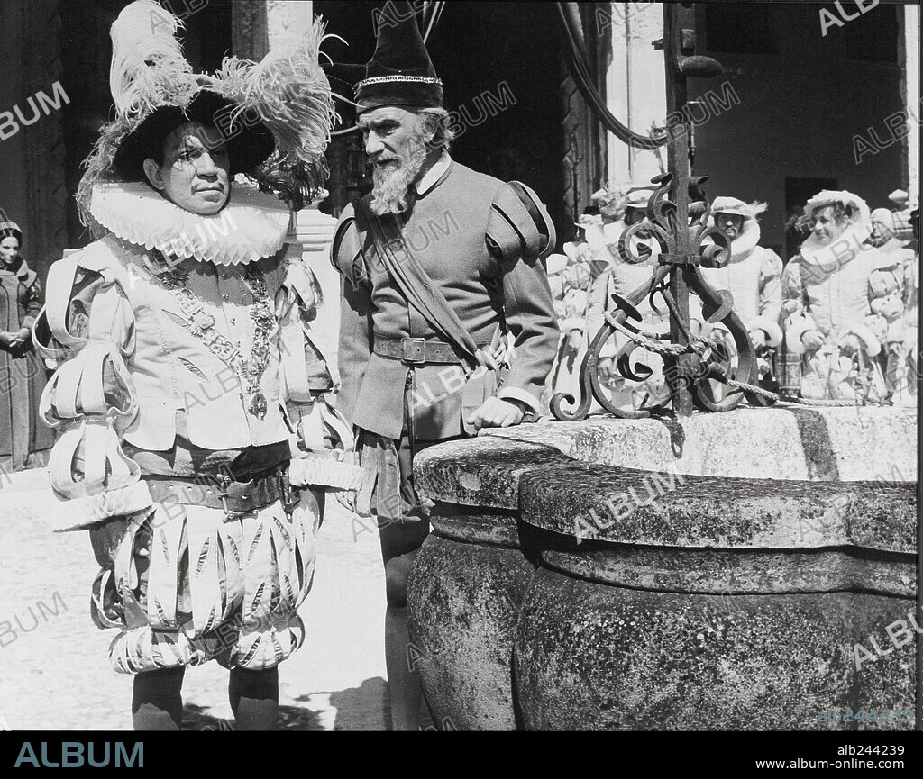 CANTINFLAS and FERNANDO FERNAN GOMEZ in DON QUIXOTE RIDES AGAIN, 1973 (DON QUIJOTE CABALGA DE NUEVO), directed by ROBERTO GAVALDON. Copyright RIOMA FILMS, S.A.