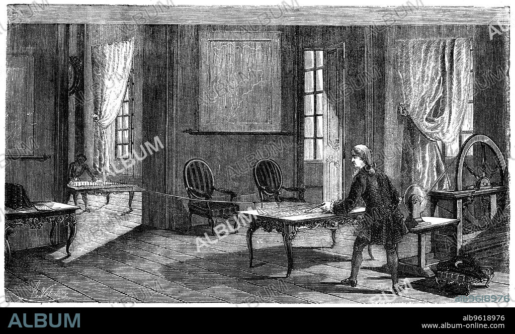 Lesage experimenting with the first electric telegraph, Geneva, 1774 (1876). George Louis Lesage (1724-1803), Swiss scientist, devised an early form of electric telegraph. It had a separate wire for each letter of the alphabet and a range limited to the distance between two rooms in Lesage's home. FromLes Grandes Inventions (The Great Inventions) by Louis Figuier. (Paris, 1876).