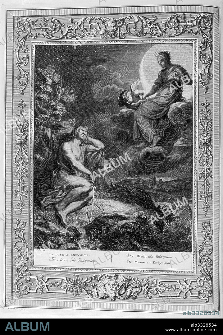 Endymion and the Moon. Engraved illustration from 'The Temple of the Muses', 1733. This book represented remarkable events of antiquity drawn and engraved by Bernard Picart (1673-1733). In Greek mythology, Endymion was variously a handsome Aeolian shepherd, hunter, or king who was said to rule and live at Olympia in Elis.