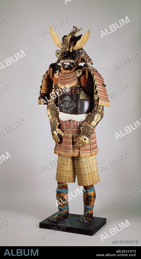 Armor (Gusoku). Armorer: Helmet bowl signed Saotome Iyetada (Japanese, Edo period, active early-mid-19th century); Breastplate inscribed inside, Myochin Munesuke (Japanese, Edo period, 1688-1735). Culture: Japanese. Dimensions: H. 67 1/2 in. (171.5 cm). Date: 16th and 18th centuries.
This example comes from the armory of Date Yoshimura (1703-1746), <i>daimyo</i> (lord) of Sendai. The helmet bowl, signed Saotome Iye[tada?], dates from the sixteenth century; the remainder of the armor was constructed in the eighteenth century. The breastplate is inscribed inside with the armorer's name, Myochin Munesuke (1688-1735). The embossed ornament on the solid iron plates is characteristic of the Myochin school.