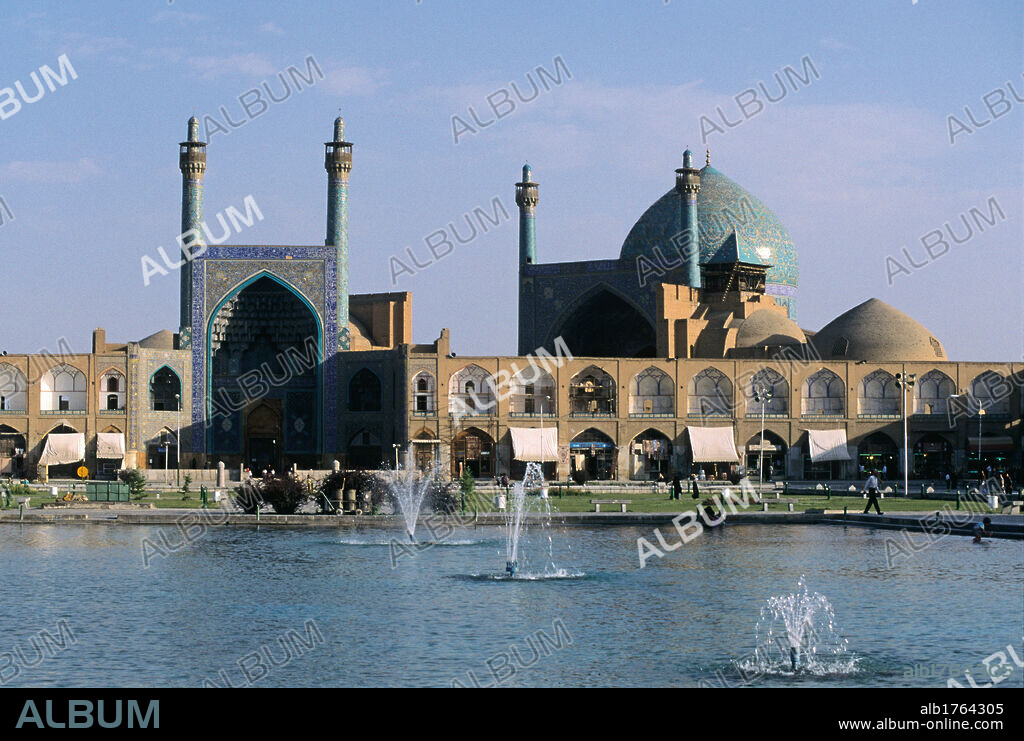 Masjid e Shah (Mosque of the Shah), by Unknown Artist, 1612-1638, 17th Century,. Iran, Esfahan, Isfahan, Isfahan, Masjid-e Shah. View of the Mosque of the Shah Ivan dome minarets the fountain is modern recent and has replaced the original unpaved ground. 2009 photograph.