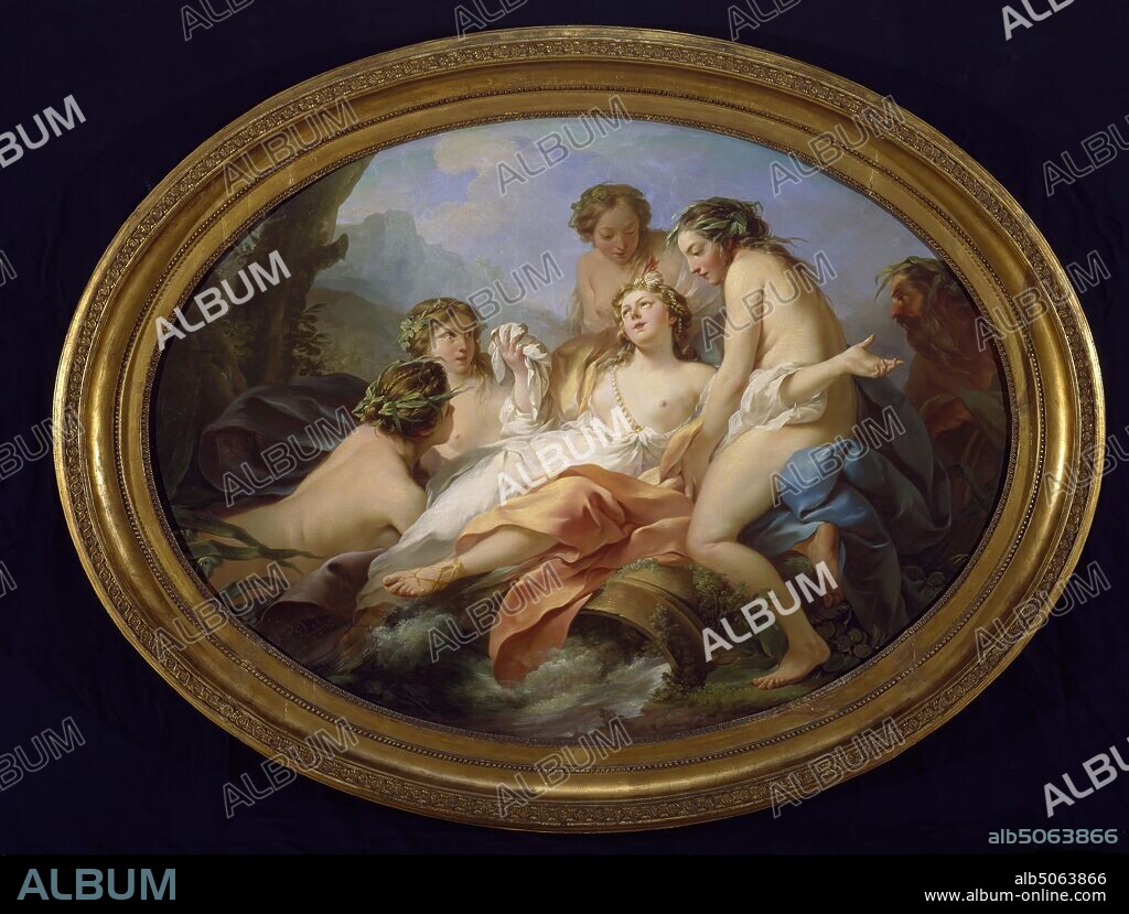 Psyche Rescued by Naiads, 1750 Attributed to Jean-Baptiste-Marie Pierre., Previously attributed to Hugues Taraval, Psyche sits at the centre and is supported by four female naiads. A male naiad can be seen behind the group, on the far right. From the collection of Madame de Pompadour, Jeanne Antoinette Poisson, recorded in the inventory of l'hotel de Pompadour, Paris, 26 July 1764., Greek Mythology, Oil Painting, Old Master, Rococo, Oval, Greek gods, goddesses.