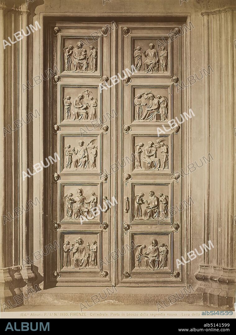 Luca della Robbia, bronze door of the New Sacristy, Cathedral Santa Maria del Fiore, Florence, albumin paper, black and white positive process, image size: height: 25,00 cm; width: 18,50 cm, FIRENZE - Cattedrale. Porta in bronzo della sagrestia nuova. (Luca della Robbia.), church building and decoration (sacral building), portal (church building), sculpture, sculpture, sculpture art, Florence.