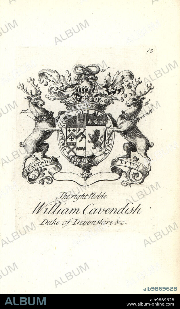 Coat of arms and crest of the right noble William Cavendish, 2nd Duke of Devonshire, 1672-1729. Copperplate engraving by Andrew Johnston after C. Gardiner from Notitia Anglicana, Shewing the Achievements of all the English Nobility, Andrew Johnson, the Strand, London, 1724.