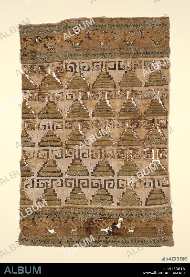 Panel. Lambayeque; Peru, Probably north coast. Date: 1000-1476. Dimensions: 69.5 x 47 cm (27 3/8 x 18 1/2 in.). Two panels joined: cotton and wool (camelid), slit and single dovetailed tapestry weave with weft loop pile and supplementary patterning wefts. Origin: Peru.