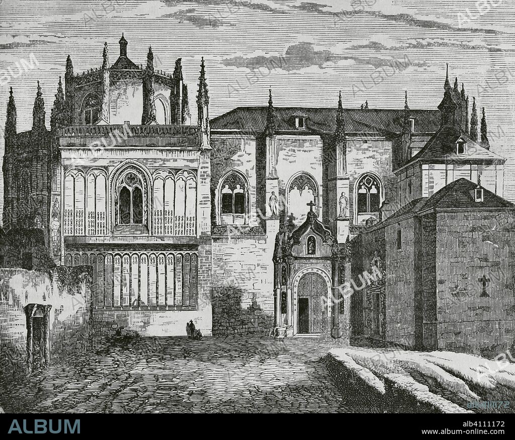 España. Toledo. Monasterio de San Juan de los Reyes. Vista exterior. Construido bajo patrocinio de la reina Isabel I de Castilla. Grabado. Crónica General de España, Historia Ilustrada y Descriptiva de sus Provincias. Castilla-La Nueva, 1869. Biblioteca Histórico Militar de Barcelona, Cataluña, España.